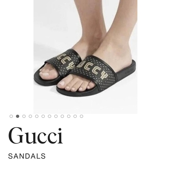 GUCCI “GUCCY” SUPREME CANVAS BLACK WITH SHIMMERING GOLD GLITTER STARS SLIDES - Picture 9 of 16